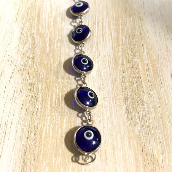 GENUINE STERLING SILVER 925 & DEEP DARK BLUE EVIL EYE PROTECTION BRACELET 7.5" - Picture 3 of 4